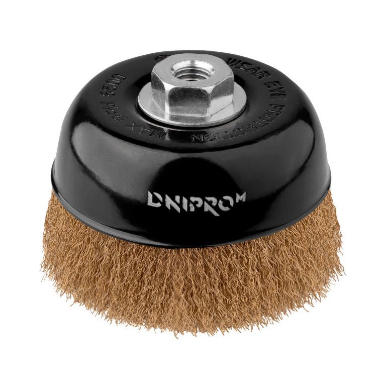 Cepillo metálico Dnipro-M T125-L, alambre corrugado, latón, reforzado 125 mm