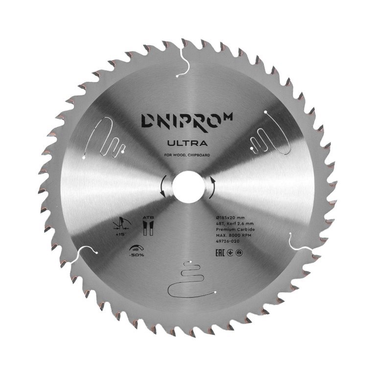 Hoja de sierra Dnipro-M ULTRA 185 mm 185 mm 20 16 65Mn 48T (para madera, aglomerado)