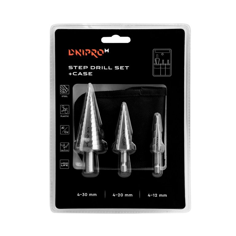Juego de brocas escalonadas Dnipro-M 3 uds. (4-12 mm; 4-20 mm; 4-30 mm)