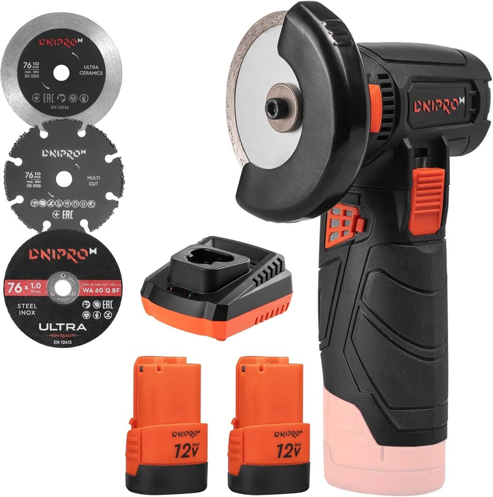 [KIT MINI AMOLADORA]  Amoladora inalámbrica Dnipro-M CG-12BC Ultra + Batería recargable BP-122 (x2 uds) + Cargador + 3 discos