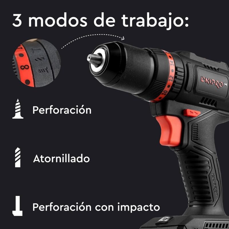 [KIT PERCUTOR] Taladro atornillador Dnipro-M CD-201HBC Compact + Batería BP-220 x2 uds. + Cargador FC-230 + Juego Dnipro-M (41 uds.) + Maletin - Imagen 2