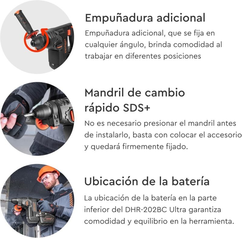 [KIT PERFORADOR 2.5J]  Martillo perforador a batería Dnipro-M DHR-202BC ULTRA + Batería 4 A/h + Cargador 3A + Maletin - Imagen 5
