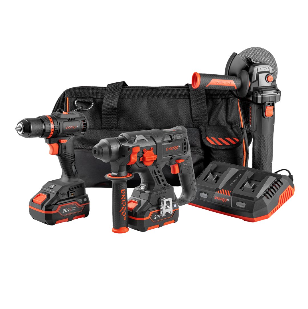 Taladro atornillador Dnipro-M CD-201HBC Compact +  Amoladora inalámbrica DGA-201BC Ultra + Perforador inalámbrico  DHR-201BC Compact +  Baterías 4 A/h (2 uds.) + Cargador Dual (3A) + Bolsa de herramientas