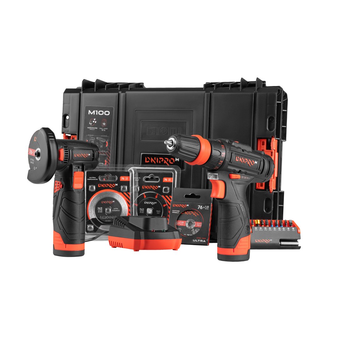 Taladro atornillador inalámbrico  CD-12Q + Amoladora inalámbrica CG-12BC Ultra +  Batería 2,0 Ah (2 uds.) + Cargador + Discos 7 uds. + Puntas 10 uds.