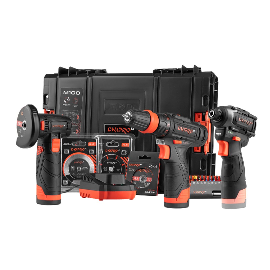 Taladro atornillador inalámbrico CD-12Q + Atornillador de impacto a batería TD-12 + Amoladora inalámbrica CG-12BC Ultra +  Batería 2 Ah + Cargador 2,3 A + Disco de corte (5 uds.) + Disco Diamantado (1 uds.) + Disco Multi Cut (1 uds.) + Juego de puntas (10 uds.) + Maletin