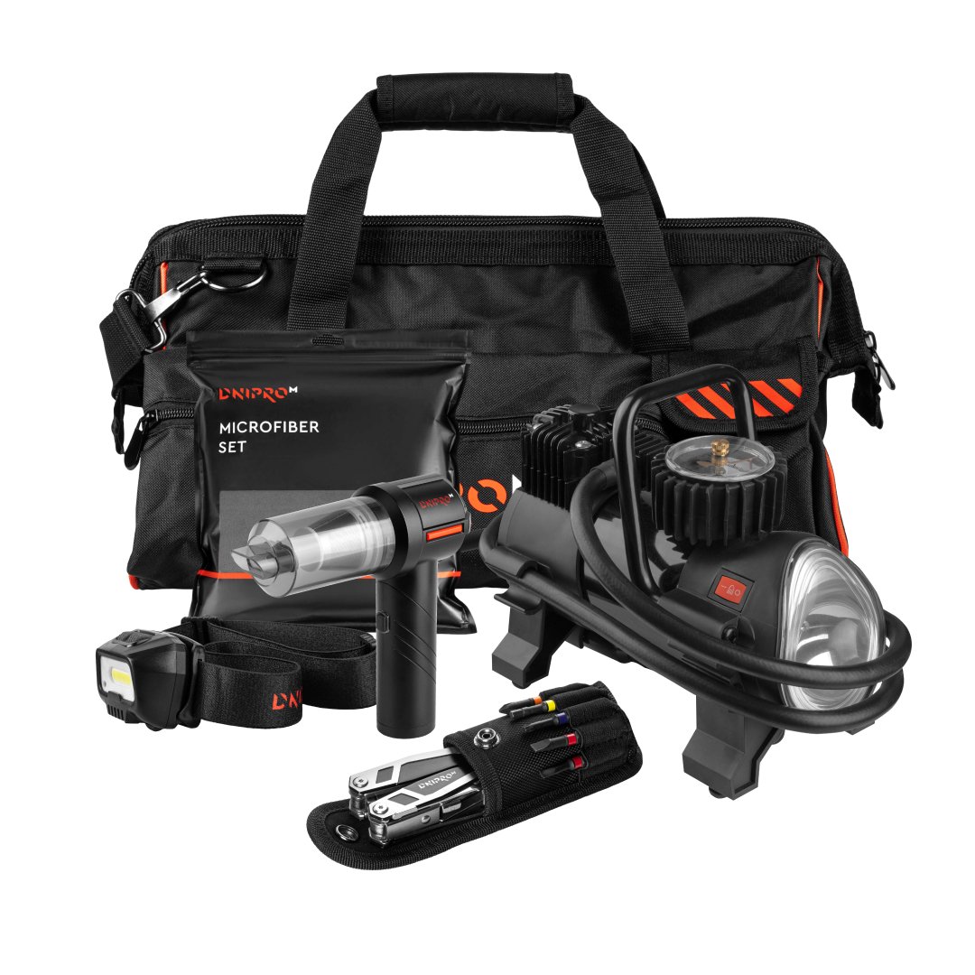 Aspiradora a batería VC-10BC, Linterna FX-5, Multiherramienta 17 en 1, Compresor TI-40L, Bolsa BN-45 y Toallas de microfibra