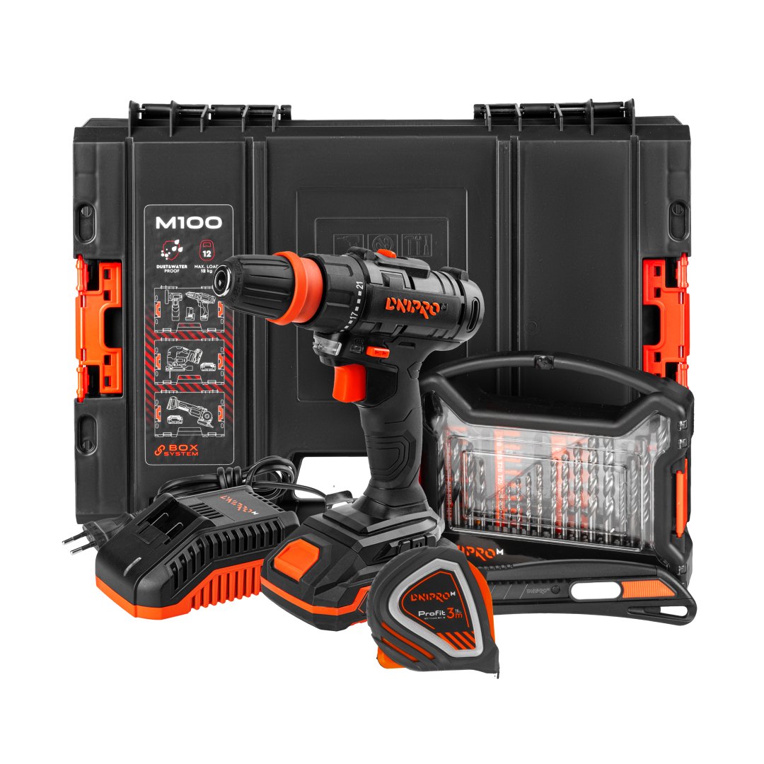 Kit de Herramientas Inalámbricas Dnipro-M – Taladro Atornillador CD-218Q , Batería BP-220 (2Ah), Cargador FC-230 (3A), Caja de Herramientas , Juego de Brocas (41 uds.), Cinta Métrica 3 m y Navaja Multiusos