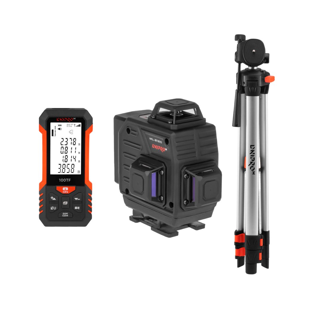 Kit de Medición Láser Profesional Dnipro-M – Nivel Láser Verde ML-816G, Telémetro Láser 100TF (100 m) y Trípode FD-150 Giratorio con Funda y Rosca 1/4” para Interior y Exterior
