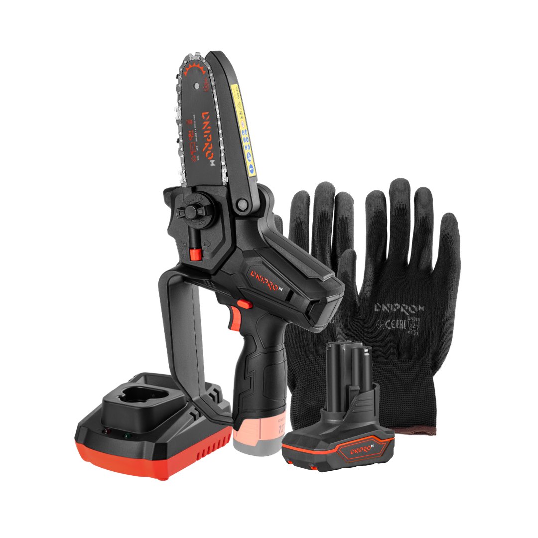 Kit de Motosierra a Batería Dnipro-M CS-12 con Batería 4Ah, Cargador Rápido FC-122 y Guantes de Trabajo Profesionales (Talla 9)
