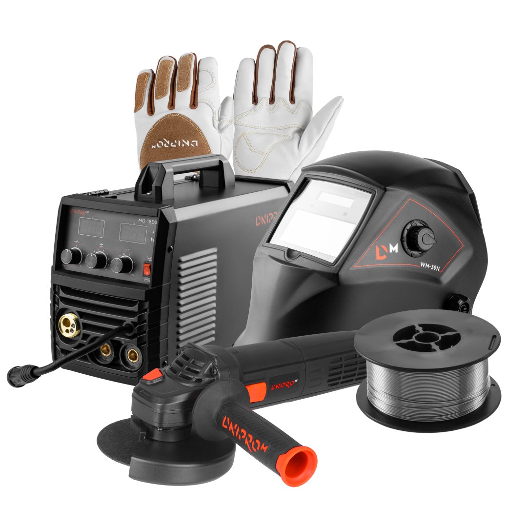 Kit de Soldadura Profesional Dnipro-M MIG/MMA MG-18DX (170A) – Inversor Semiautomático con Máscara WM-39N, Amoladora Angular 1200W, Guantes de Soldador y Alambre E71T-GS 0.8 mm (1 kg)