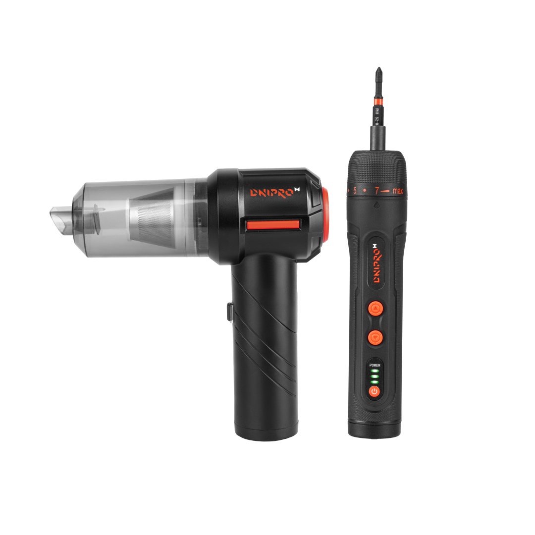 Kit Dnipro-M Inalámbrico: Aspiradora VC-10BC y Atornillador CSD-40X para Hogar, Automóvil y Tareas de Mantenimiento